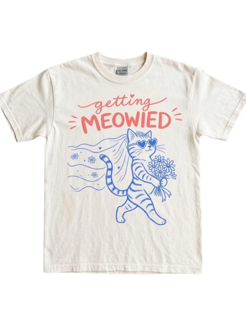 Gildan Cream Tee with Blue Cat and Pink "Getting Meowied" Print